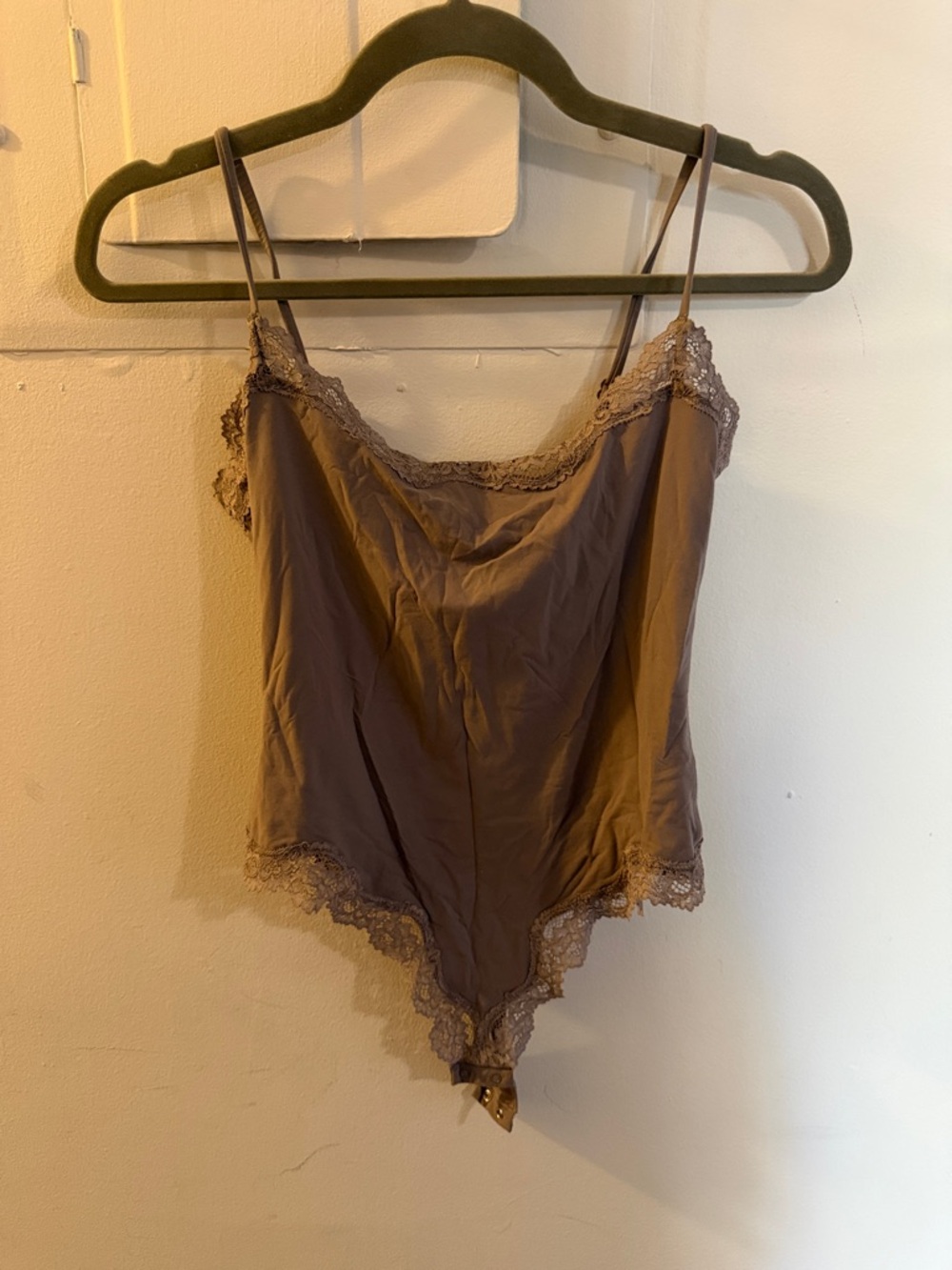 SKIMS Taupe Lace-Trim Satin Chemise Bodysuit